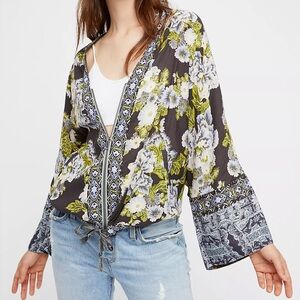 Free People Wildflower Cinched Kimono Blouse Floral Zip Up Bohemian Boho Chic